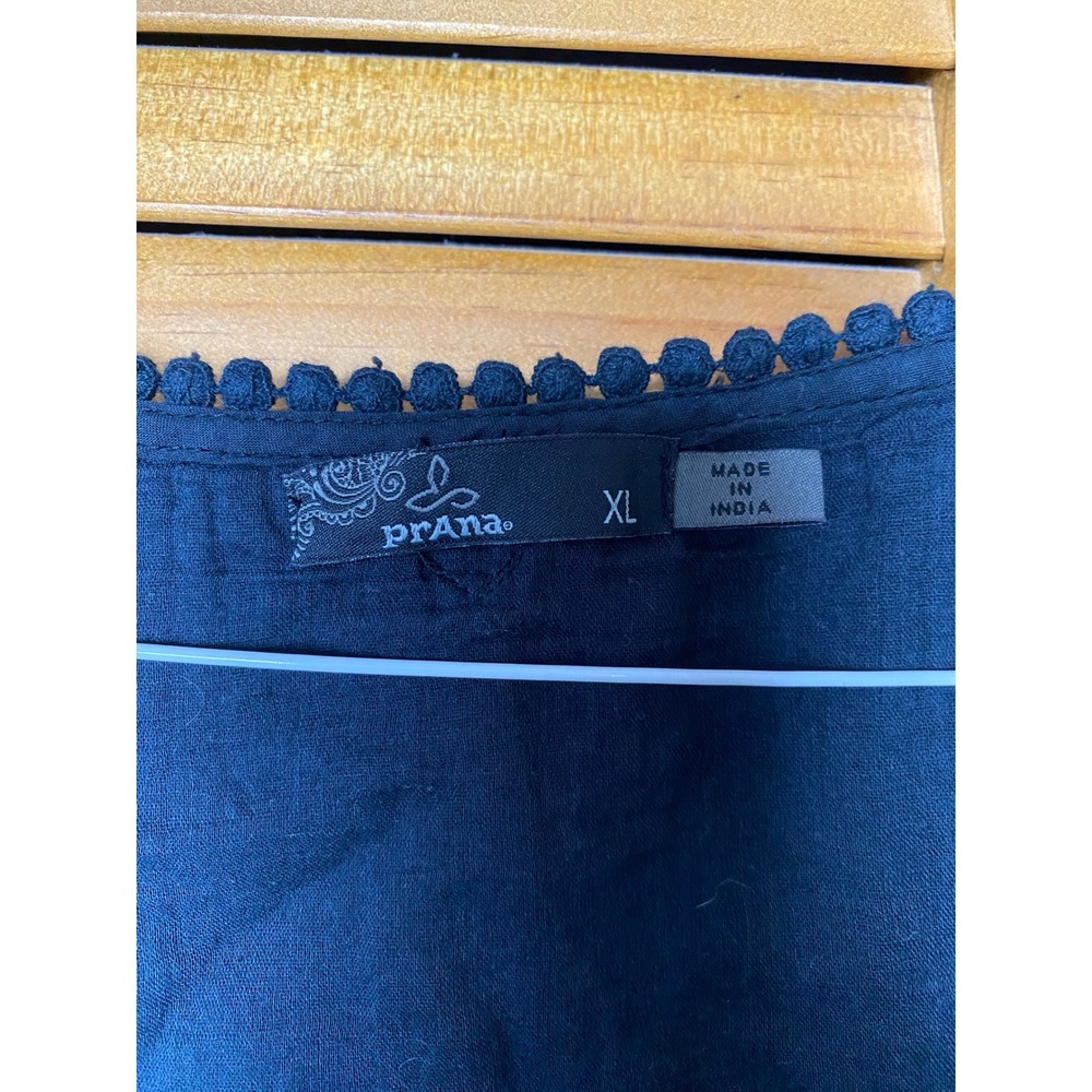 Prana Black Cotton Eyelet Tiered Babydoll Dress Womens XL Sleeveless Pom Trim - Picture 2 of 5
